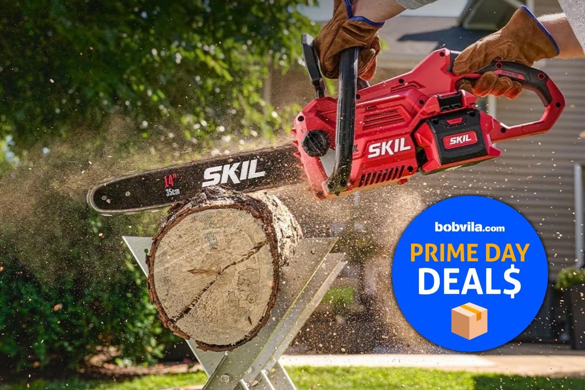 SKIL PWR CORE 40 Brushless 40V 14” Lightweight Chainsaw cutting through a log, showcased as a Prime Day Deal
