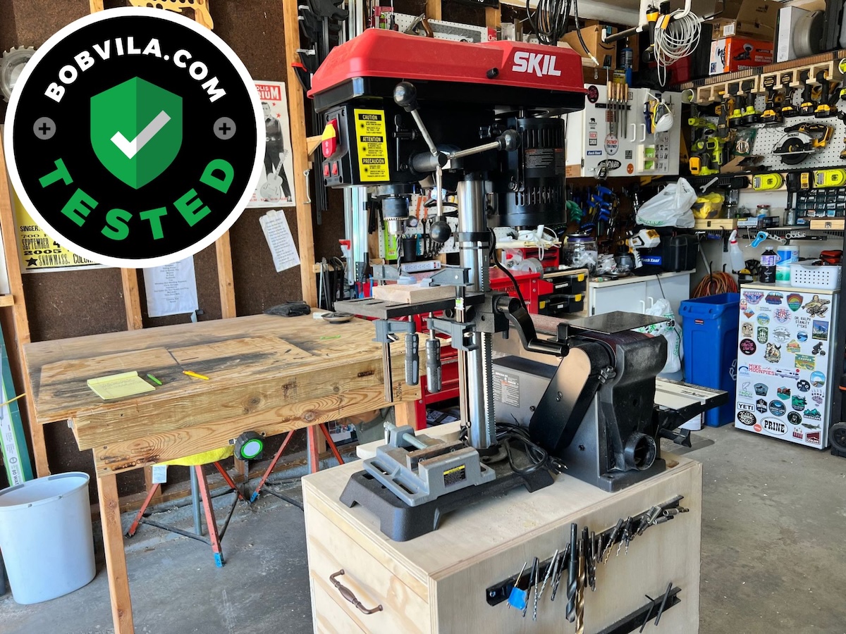 The Skil 10-inch 6.2-amp Drill Press set up in a workshop before testing