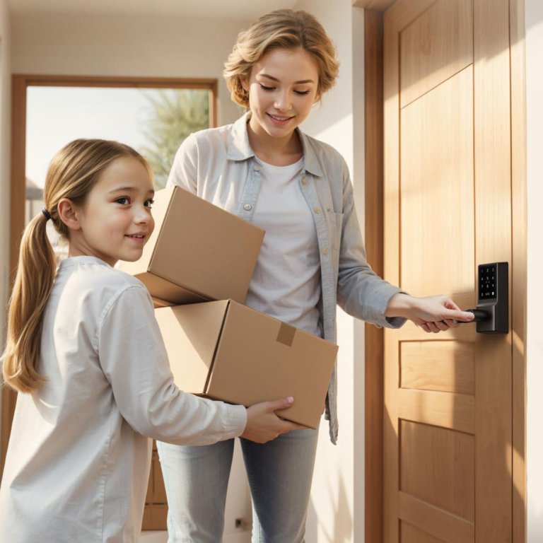 A parent and child opening a door outfitted with the Eufy C33 smart lock