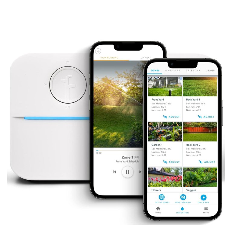 The Rachio 3 smart sprinkler controller on a white background with two phones next to it showing the app