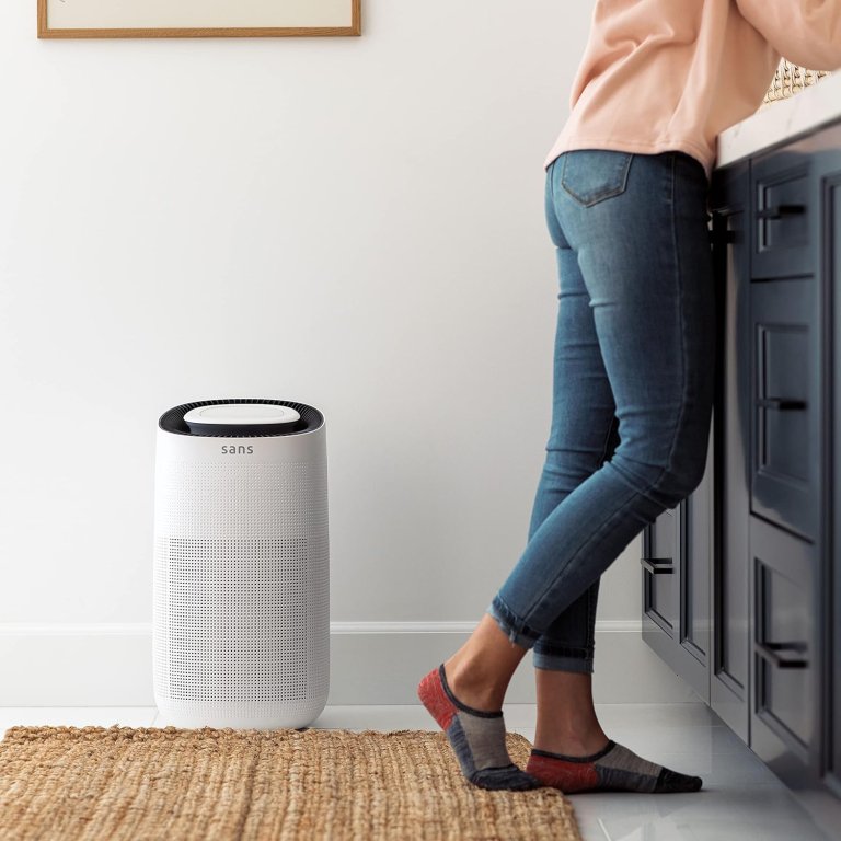 The Sans Whole Home Air Purifier in a room next to a person leaning on a counter