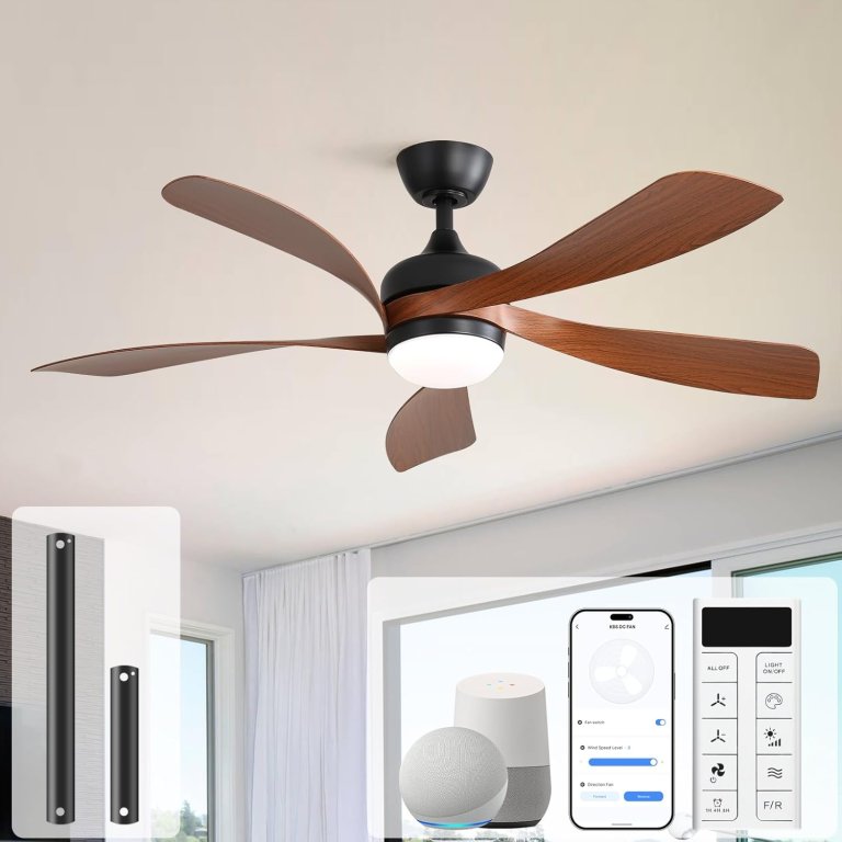 The Sofucor smart ceiling fan installed and running with the fan's remote and app shown in the corner