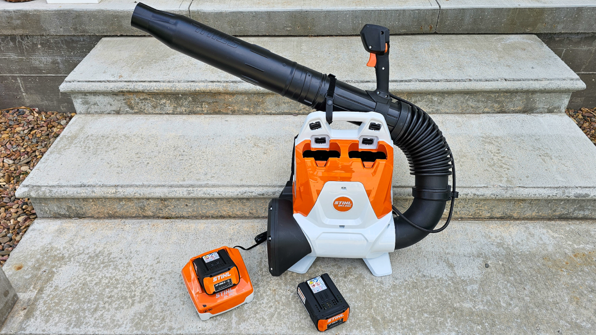 Stihl Backpack Blower with two batteries and a charger