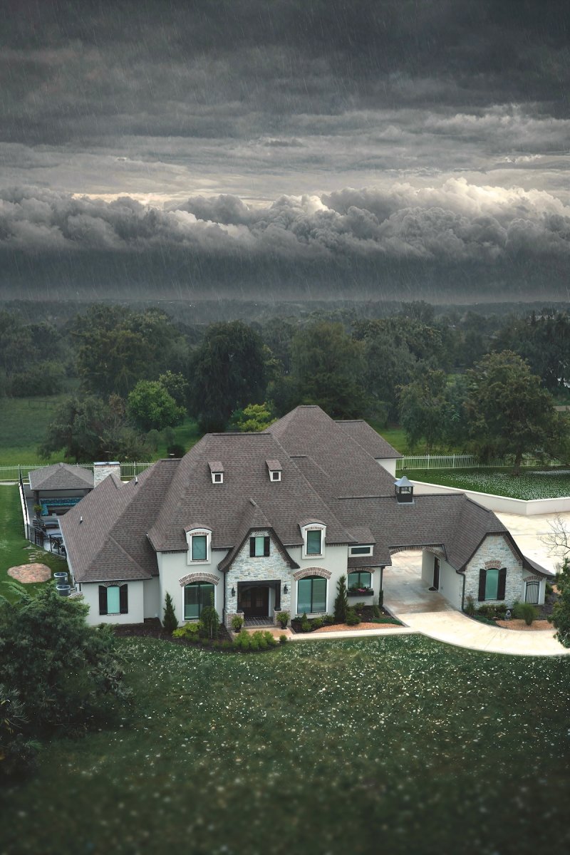 A home in a hail storm with a durable roof with TAMKO HailGuard shingles.