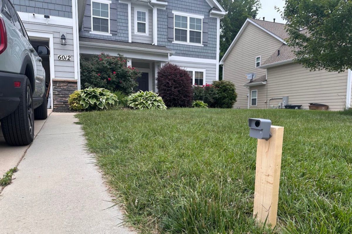 One of the Best Driveway Alarm options installed on a post during testing