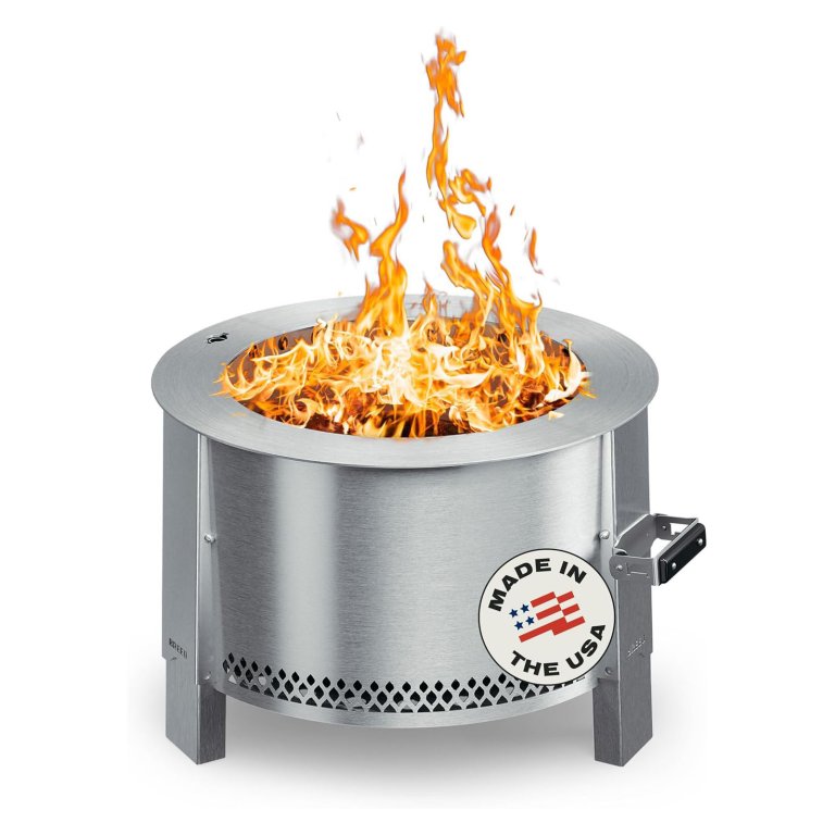 The Breeo Y Series Smokeless Fire Pit burning a fire and on a white background