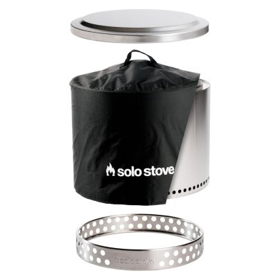The Solo Stove Bonfire 2.0 Smokeless Fire Pit with its ash ring, lid, and cover on a white background