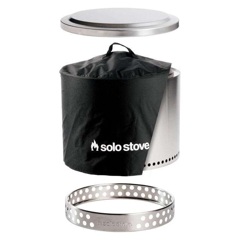 The Solo Stove Bonfire 2.0 Smokeless Fire Pit with its ash ring, lid, and cover on a white background
