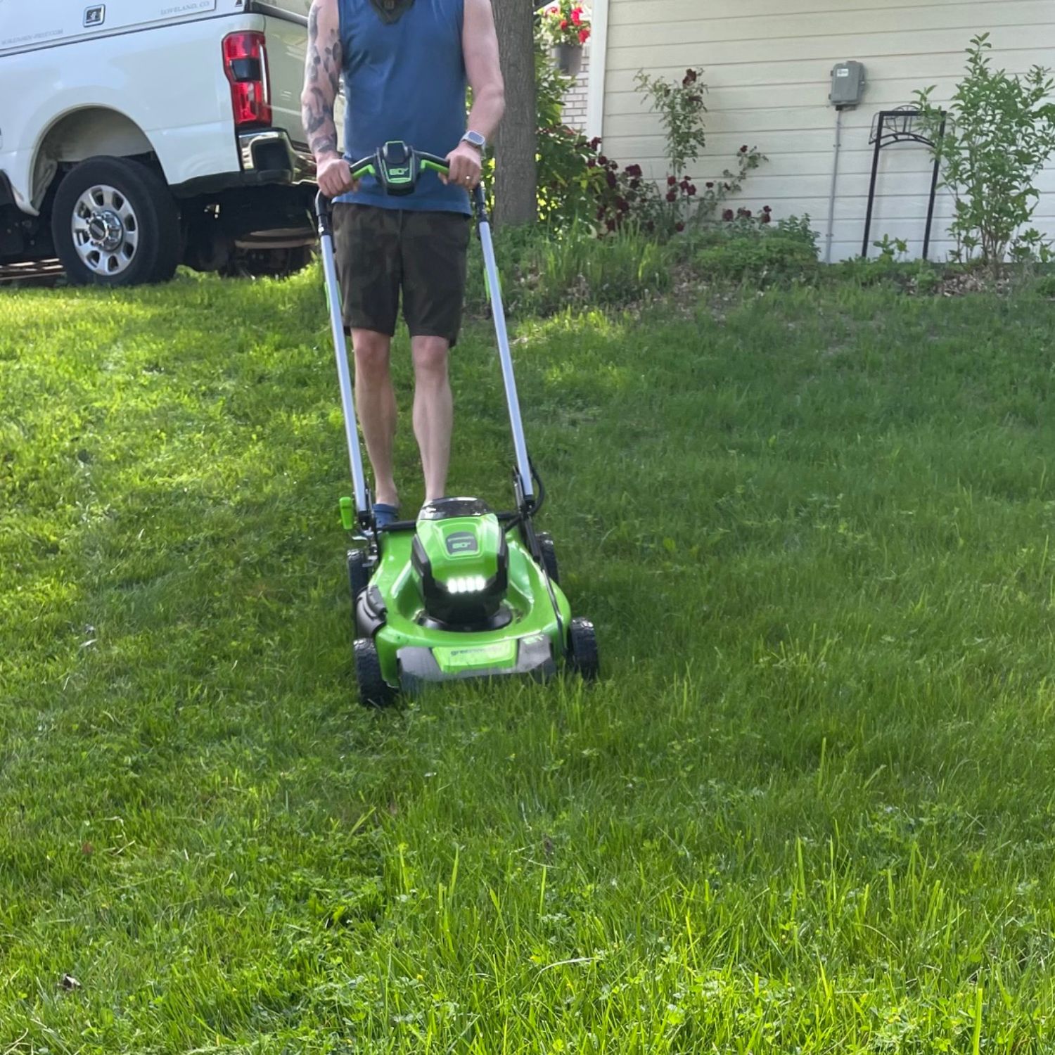 Using the Greenworks 80V 21-inch Cordless Battery 4-in-1 Push Lawn Mower on a slope