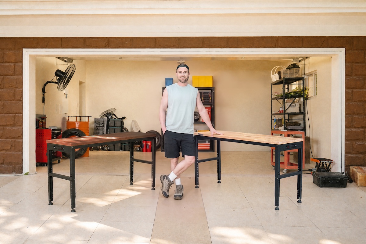 VEVOR adjustable workbenches in a home garage.