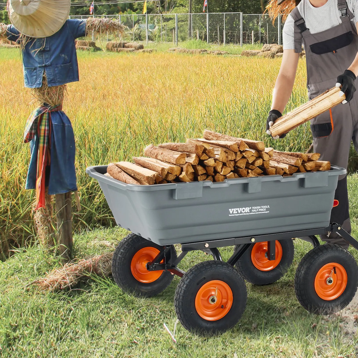 VEVOR garden cart and a DIYer loading it up with firewood.