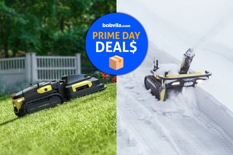Yarbo Lawn Mower Pro mowing the grass in summer, and Yarbo Snow Blower showing how the system converts for winter by blowing several inches of snow.