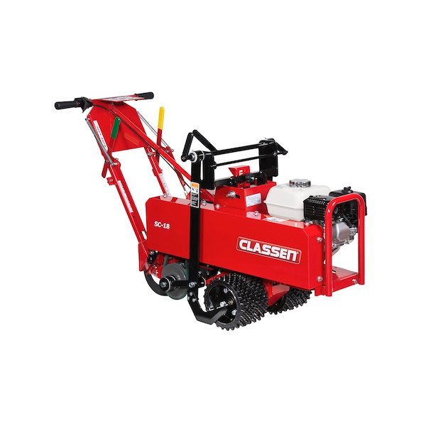 A red Classen sod cutter on a white background.
