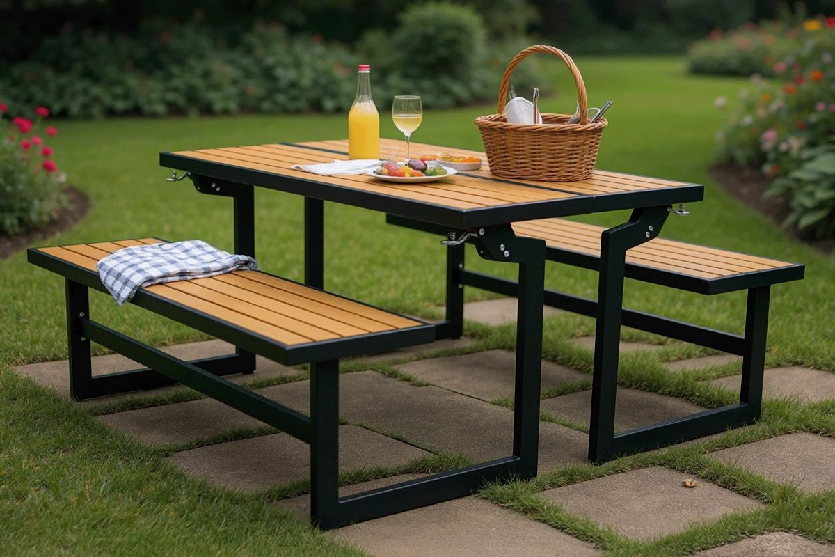 Convertible picnic table with food items on top of the table.