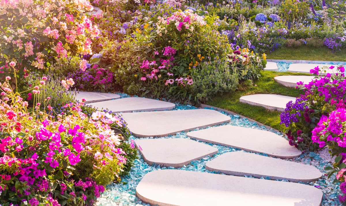 Stone and gravel path leading through a garden with pink flowery bushes on both sides of the path.