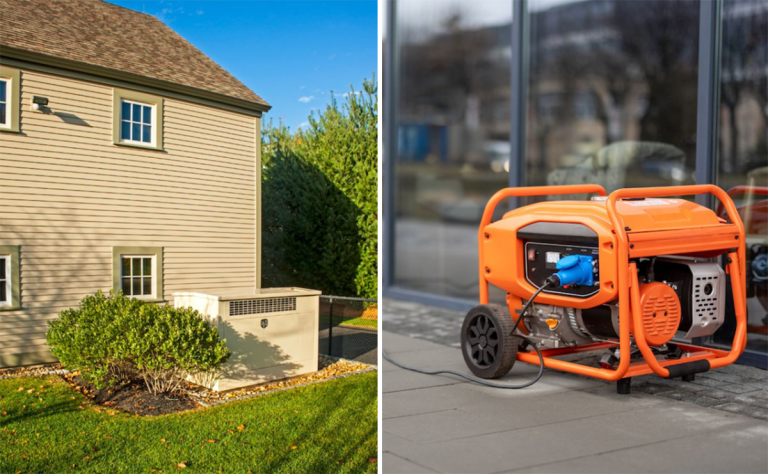 A standby generator and a portable home generator in a side-by-side image.