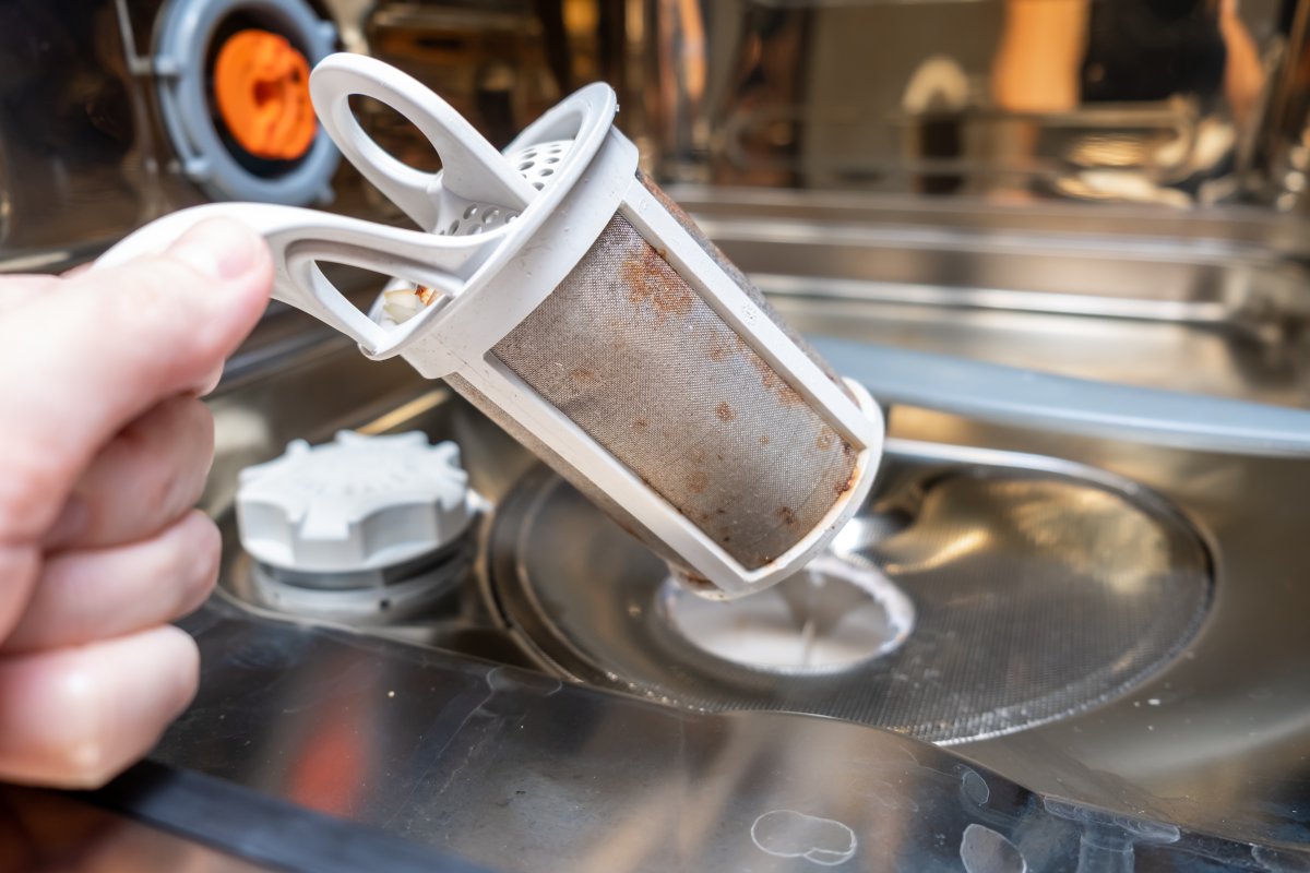 A hand taking out a dirty drain filter of dishwasher.