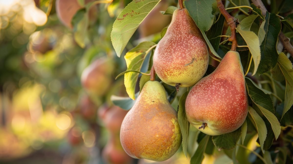 Closeup of pears growing on a pear tree
