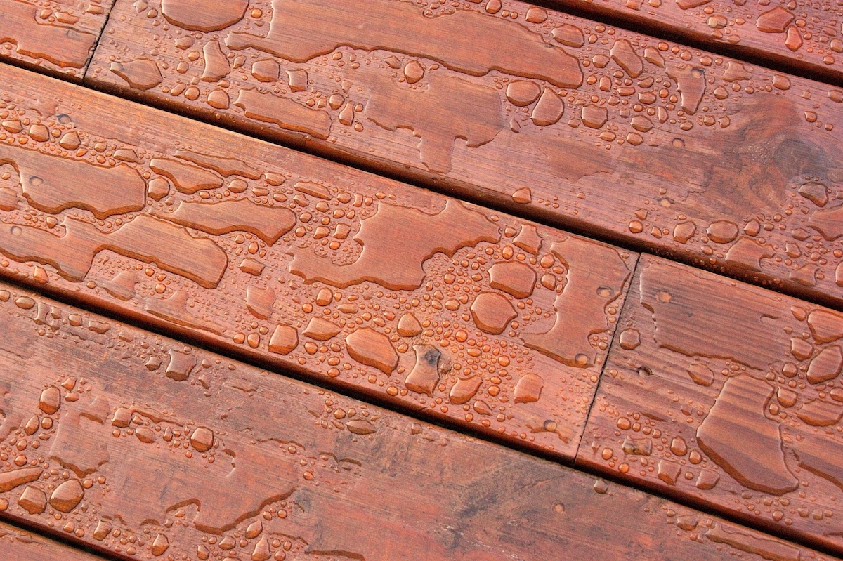 Pooled water droplets on sealed deck boards.