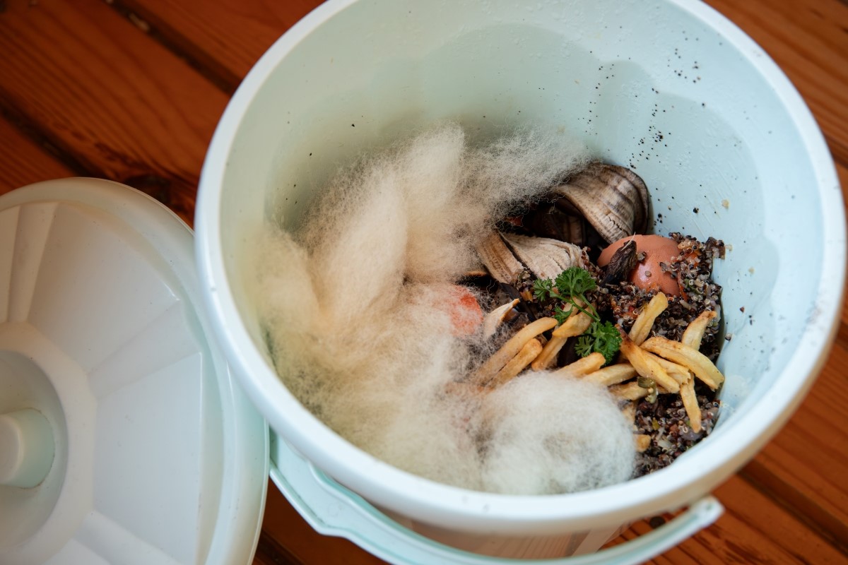 Sheep wool in a compost bin with other kitchen scraps.