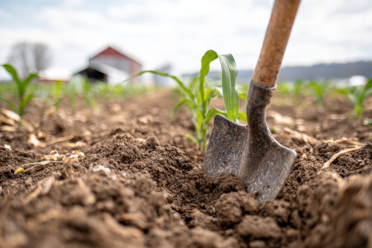 Shovel in loam like soil with corn plants and barn in background.