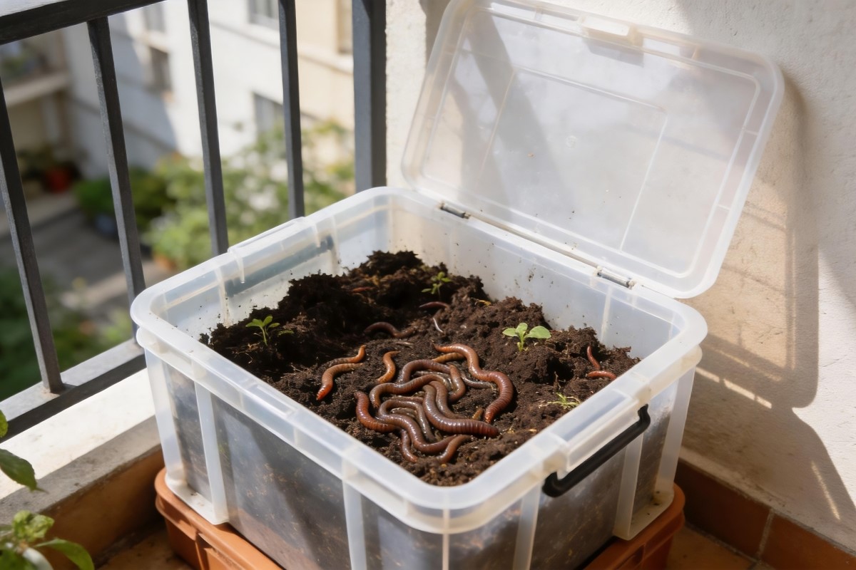 A worm bin that's full of worms in soil on a balcony.