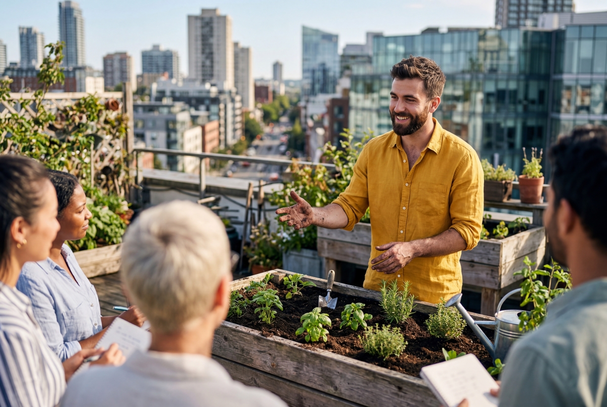 A man is teaching a class about herb gardening on a rooftop.