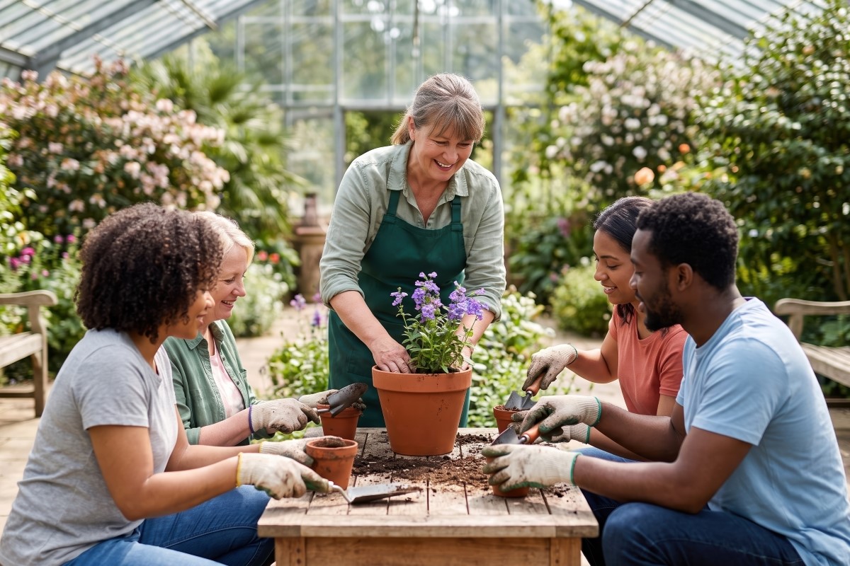 A gardener is teaching a class of adults how to pot a plant.