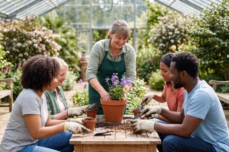 A gardener is teaching a class of adults how to pot a plant.