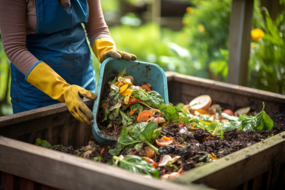 Person wearing gloves throwing food and yard scraps into a residential compost bin.