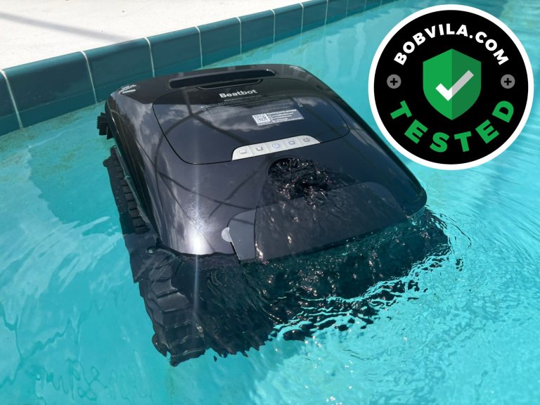 The Beatbot AquaSense X skimming the surface of a pool during testing
