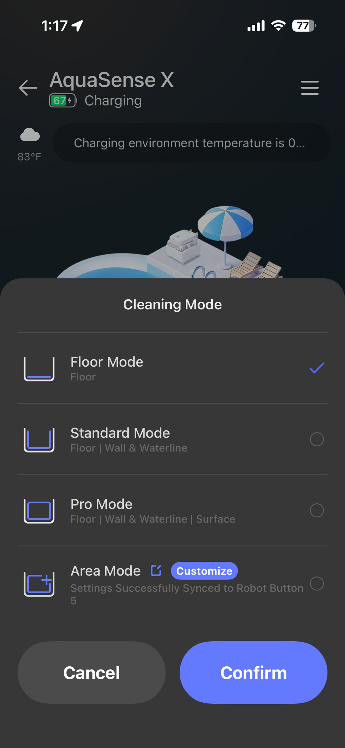 Beatbot AquaSense X app showing cleaning mode