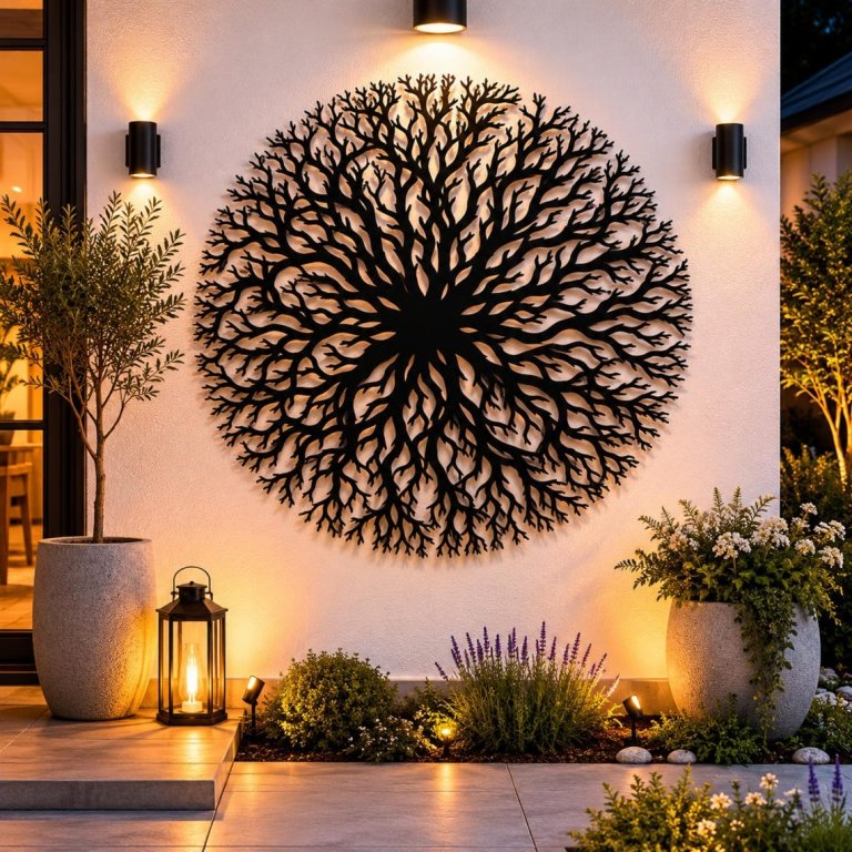 The Fairy Metal Studio Abstract Tree Metal Sign hanging on an exterior wall srrounded by plants and atmospheric lights