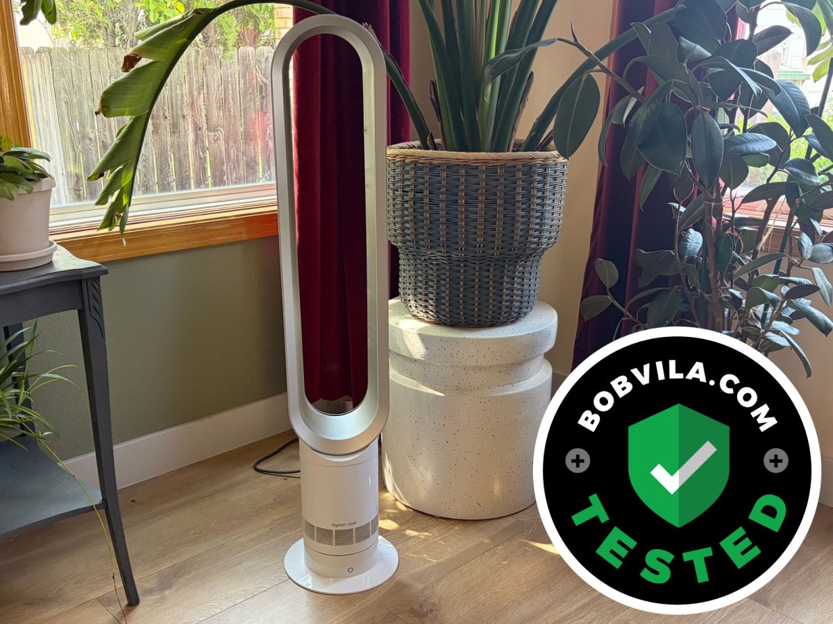 The Dyson Cool AM07 tower fan set up in a living room during testing