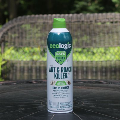 A spray bottle of Ecologic Ant and Roach Killer on a table before testing