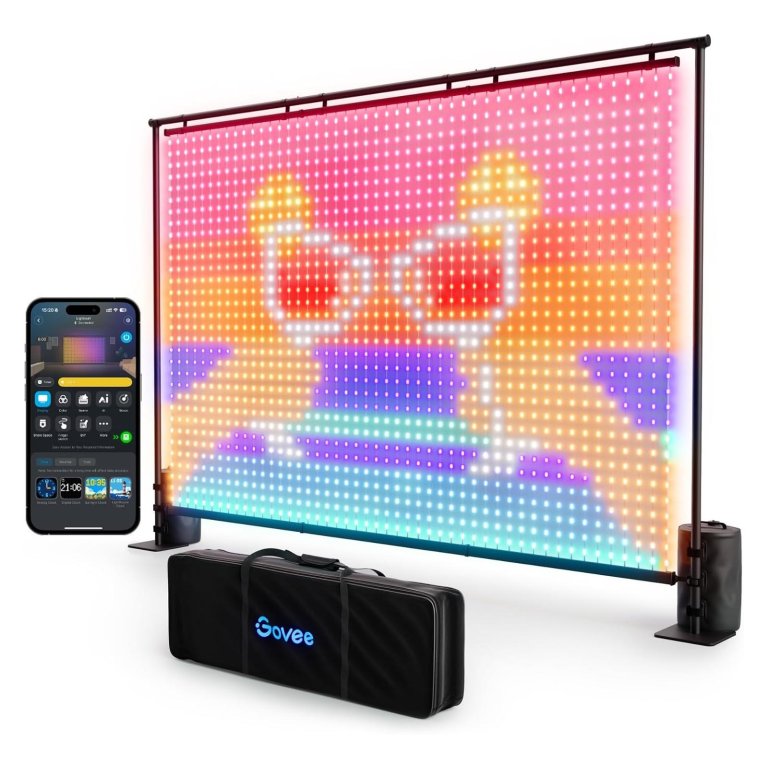 The Govee Lightwall with its bag, projector, and app on a white background