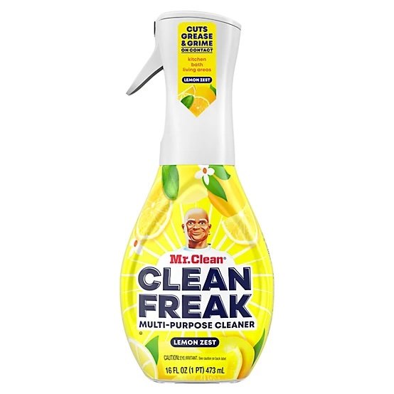 A spray bottle of Mr.Clean Clean Freak Multi-Purpose Cleaner on a white background