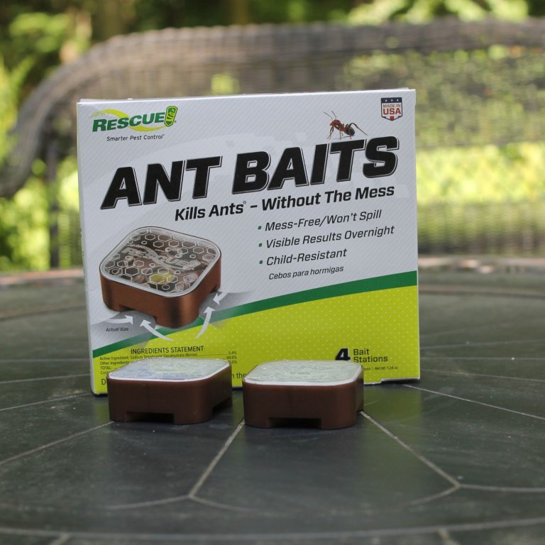 Two Rescue Ant Baits Indoor Ant Killer bait pods next to their packaging during testing