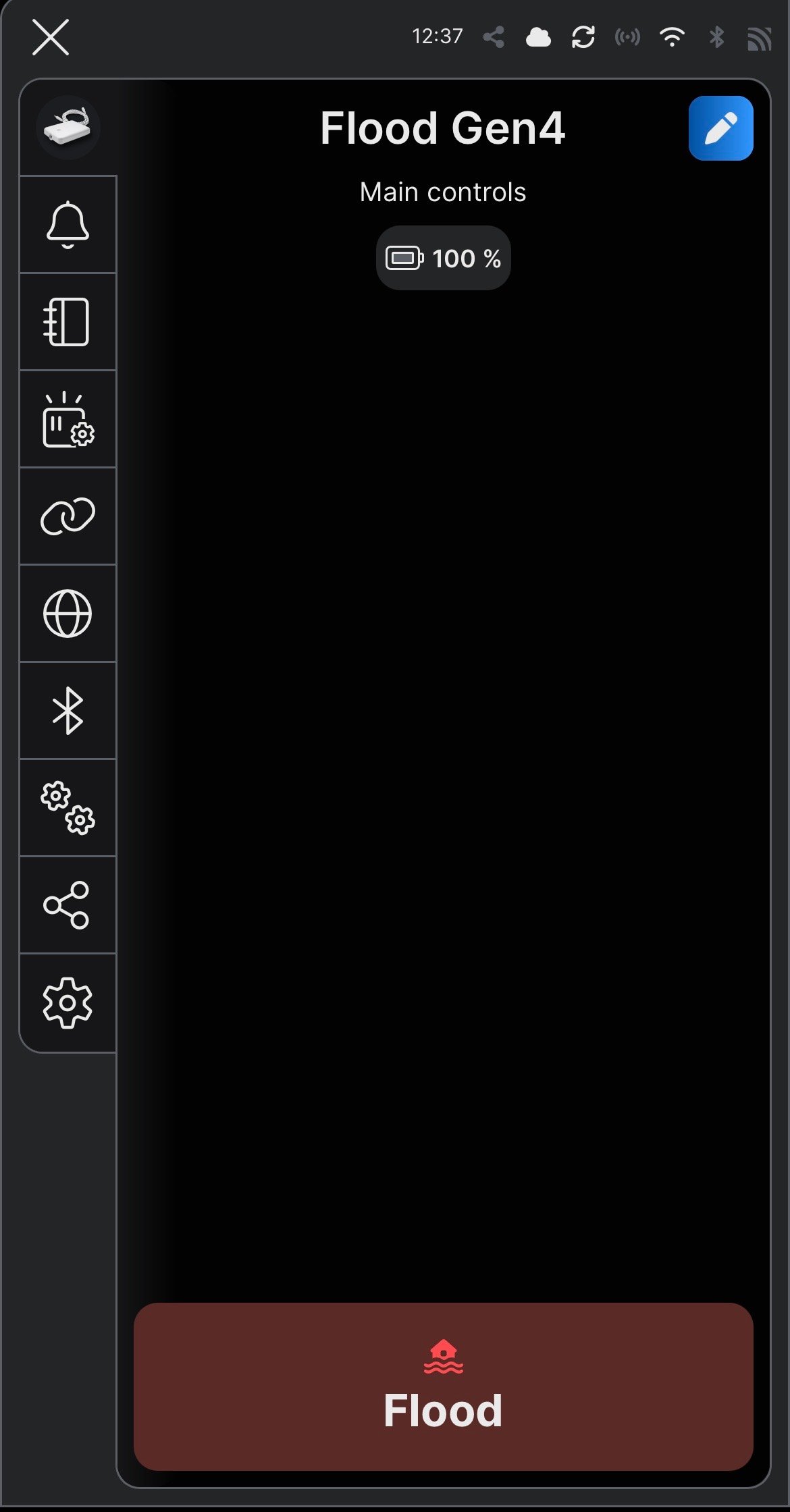 Screenshot of app for the Shelly Flood Gen4 leak detector showing a flood