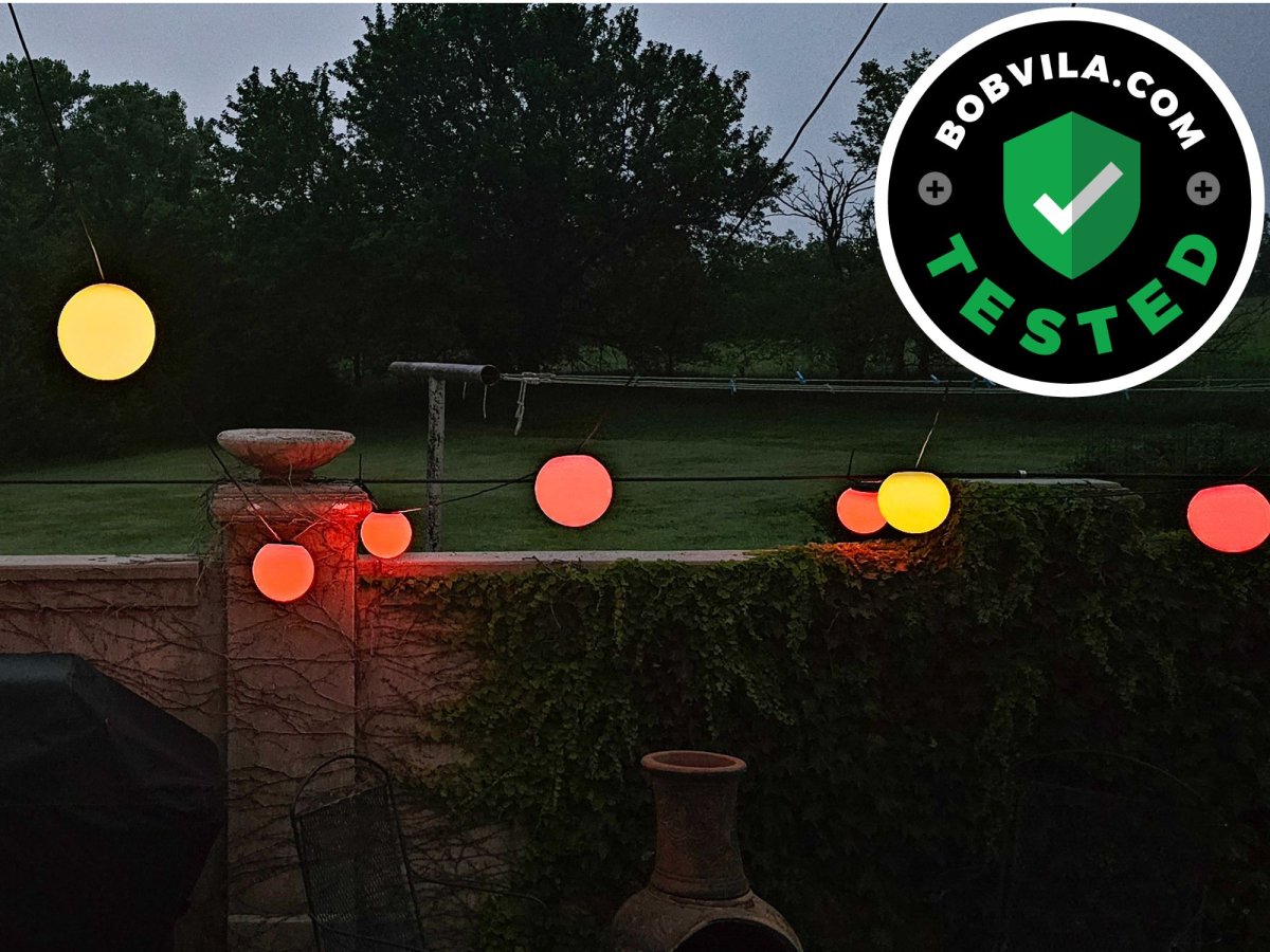 Enbrighten VIBE Wi-Fi Sphere Lights glowing at dusk during testing