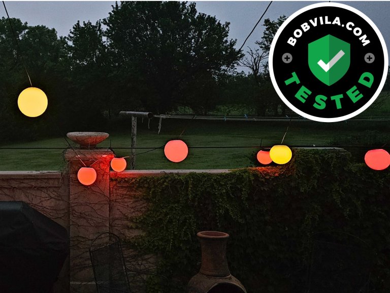 Enbrighten VIBE Wi-Fi Sphere Lights glowing at dusk during testing