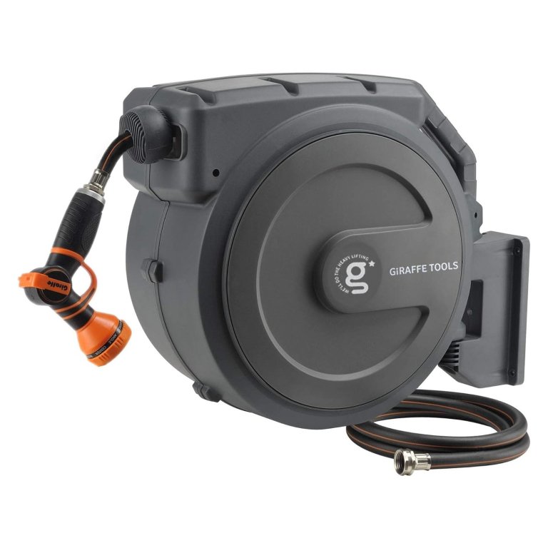 The Giraffe Tools 130’ Retractable Garden Hose Reel on a white background