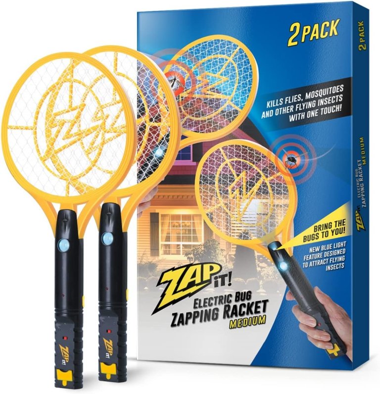 Zap It! Bug Zapper Twin-Pack Rechargeable Rackets with their box on a white background
