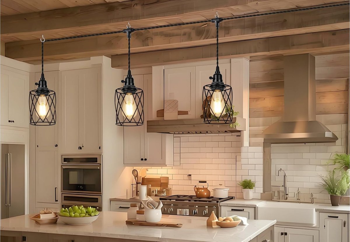 Plug in pendant lights hanging above a kitchen island.