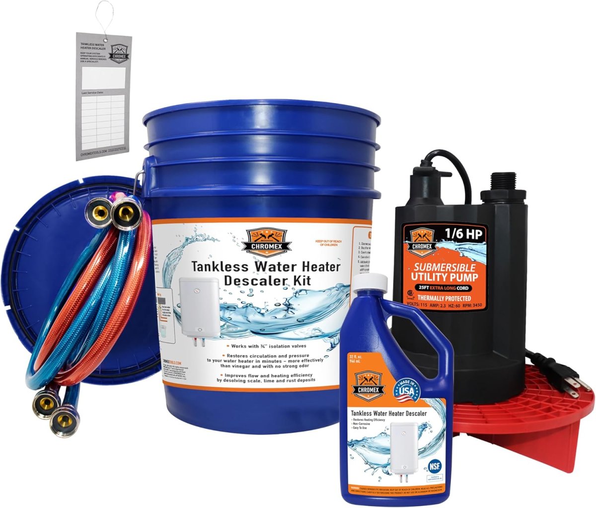 Chromex Tankless Water Heater Flush Kit with NSF Certified Liquid Descaling Solution and 1/6HP Extra Strength Pump