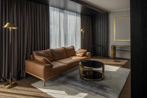 Luxury living room interior with brown curtains and leather sofa