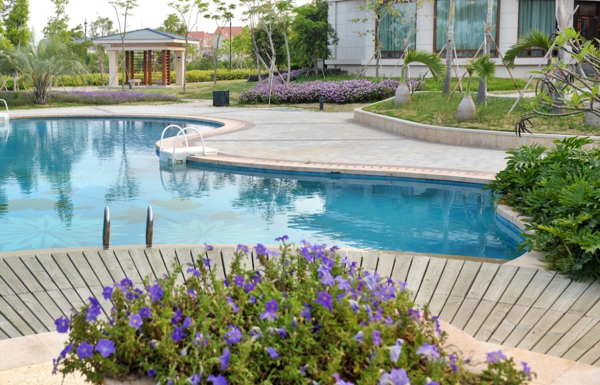 Kidney-shaped luxury swimming pool with a pool shack and luxurious outdoor patio in the background, and a flowered shrub in the foreground.