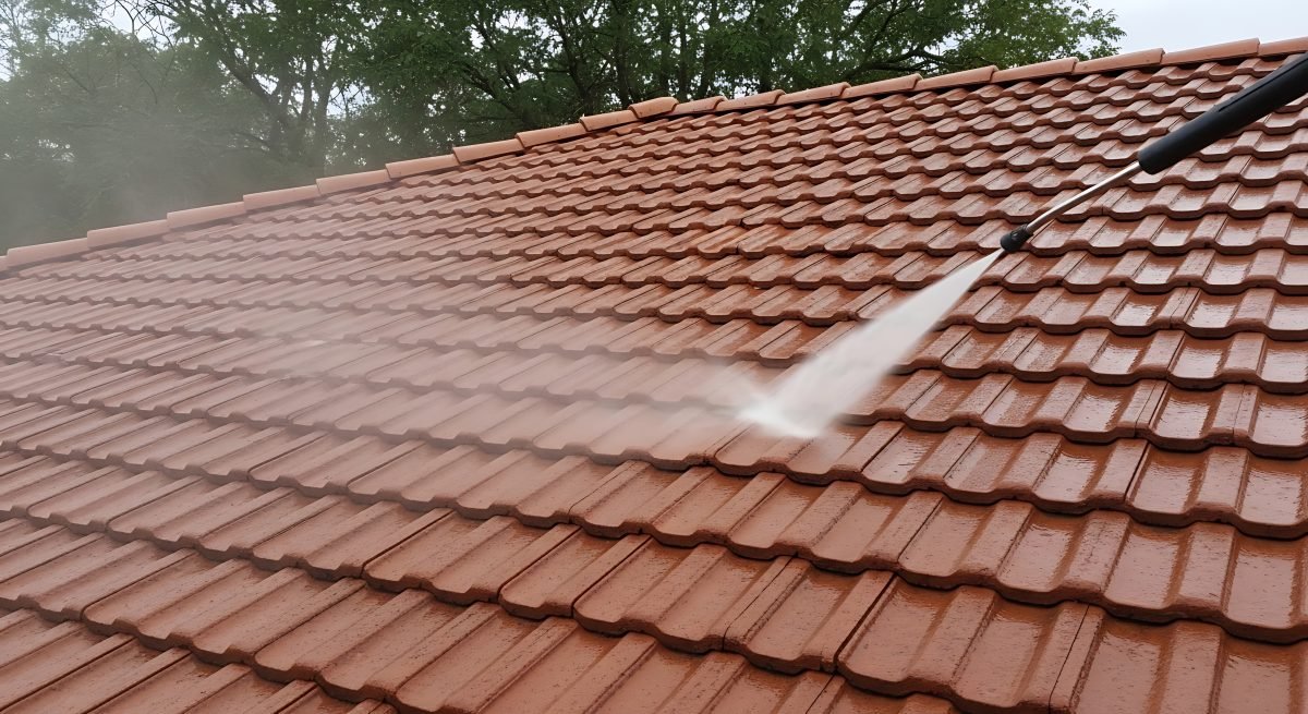 A water jet from a pressure washer cleans a residential roof covered in terracotta tiles.