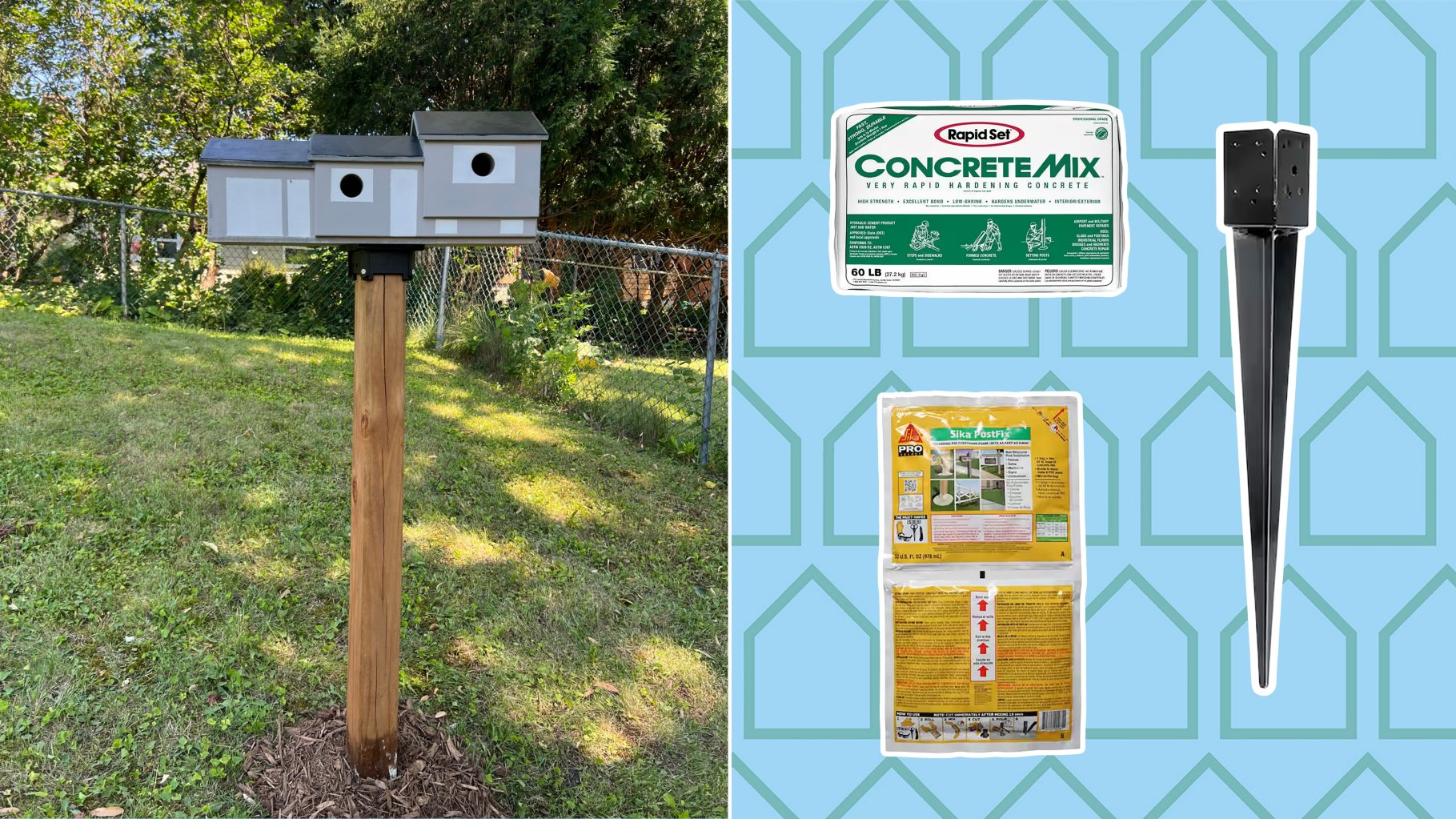 3 products for setting posts in a collage with a photo of a birdhouse mounted on a post.