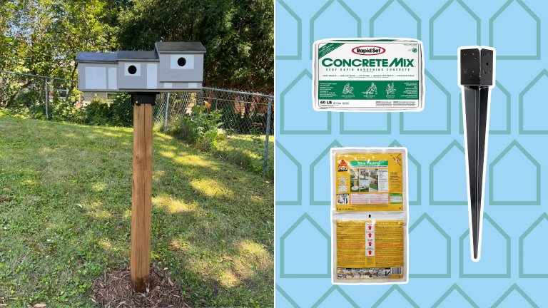 3 products for setting posts in a collage with a photo of a birdhouse mounted on a post.